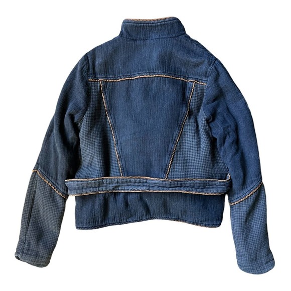 Free People Navy Blue Moto Jacket Size S Belted Full Zip Distressed Cotton - Picture 3 of 17